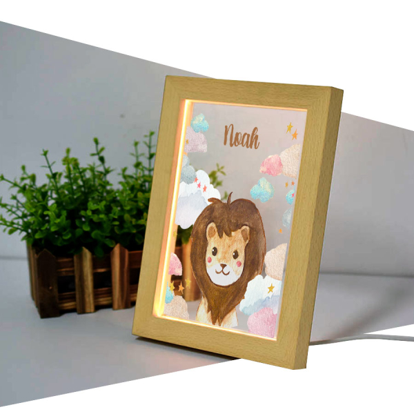 Houten LED-frame printen met wolken en aquarel diertjes