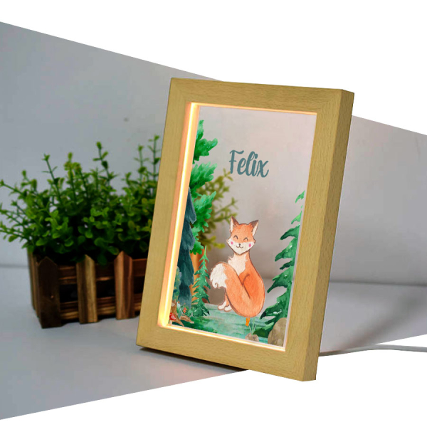 Houten LED-frame geprint met naam en Bos in aquarel