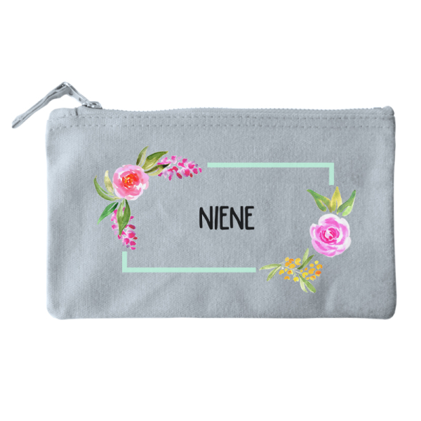 Katoenen etui met rits - Waterverf bloemen - grijs